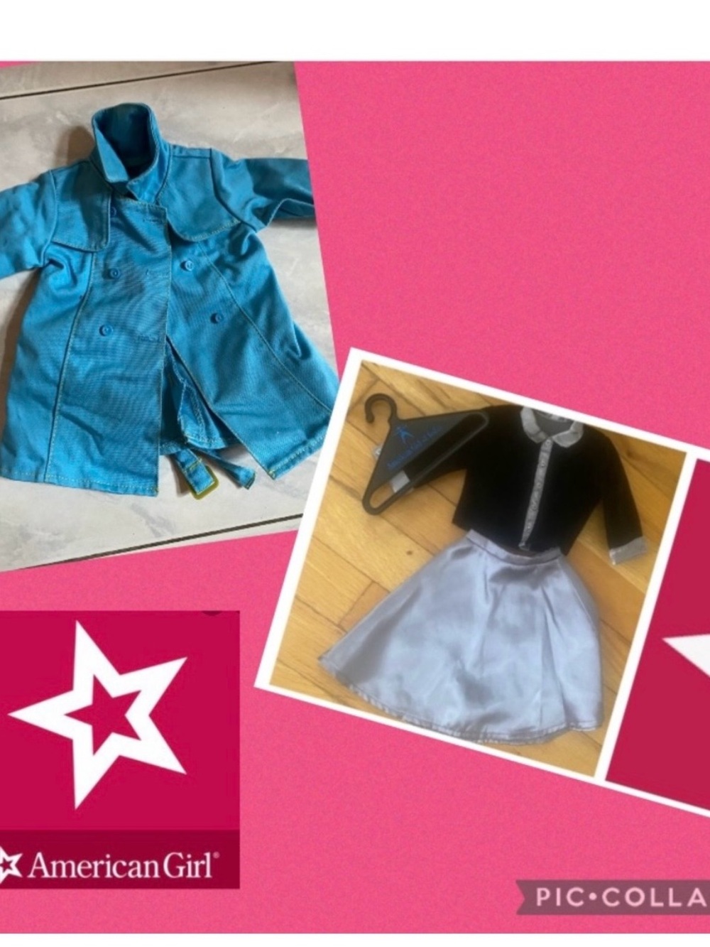 American Girl Turquoise Trench Coat and Silver Skirt Outfit